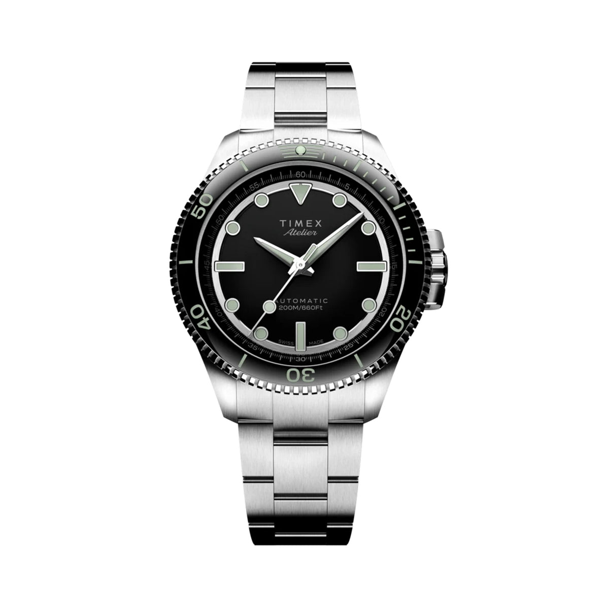 The Timex Atelier Automatic Men's 41mm Watch TW2Y72500 features a glossy black enamel dial with luminous indices and hands. A central seconds hand tracks the passing time against the clean, minimalist layout.