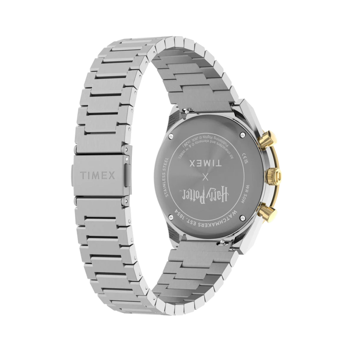 The Timex x Harry Potter Time Turner Quartz Chronograph 40mm Watch TW2Y75900 has a case back engraved with the Harry Potter logo. A battery-powered quartz movement runs the chronograph.