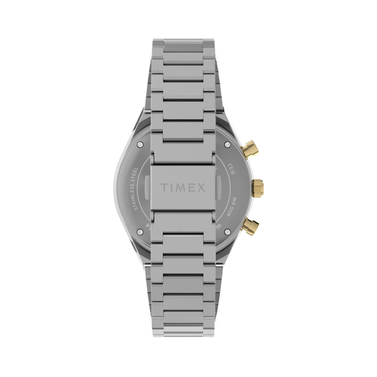 The Timex x Harry Potter Time Turner Quartz Chronograph 40mm Watch TW2Y75900 has a fully brushed stainless steel bracelet with quick-release spring bars for easy strap changes. The 18mm bracelet matches the silver-tone case.