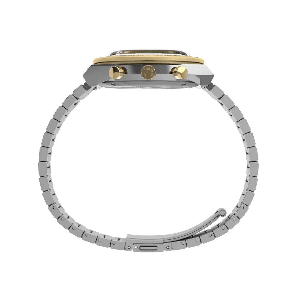 The Timex x Harry Potter Time Turner Quartz Chronograph 40mm Watch TW2Y75900 shows its two-tone stainless steel case and domed acrylic crystal from the side. The 13.5mm profile suits everyday wear.