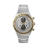 The Timex x Harry Potter Time Turner Quartz Chronograph 40mm Watch TW2Y75900 has a silver-tone dial with star-shaped cutouts and two black sub-dials stacked to look like the Time-Turner’s hourglass. A stationary gold-tone bezel engraved with the Time-Turner inscription frames the dial.