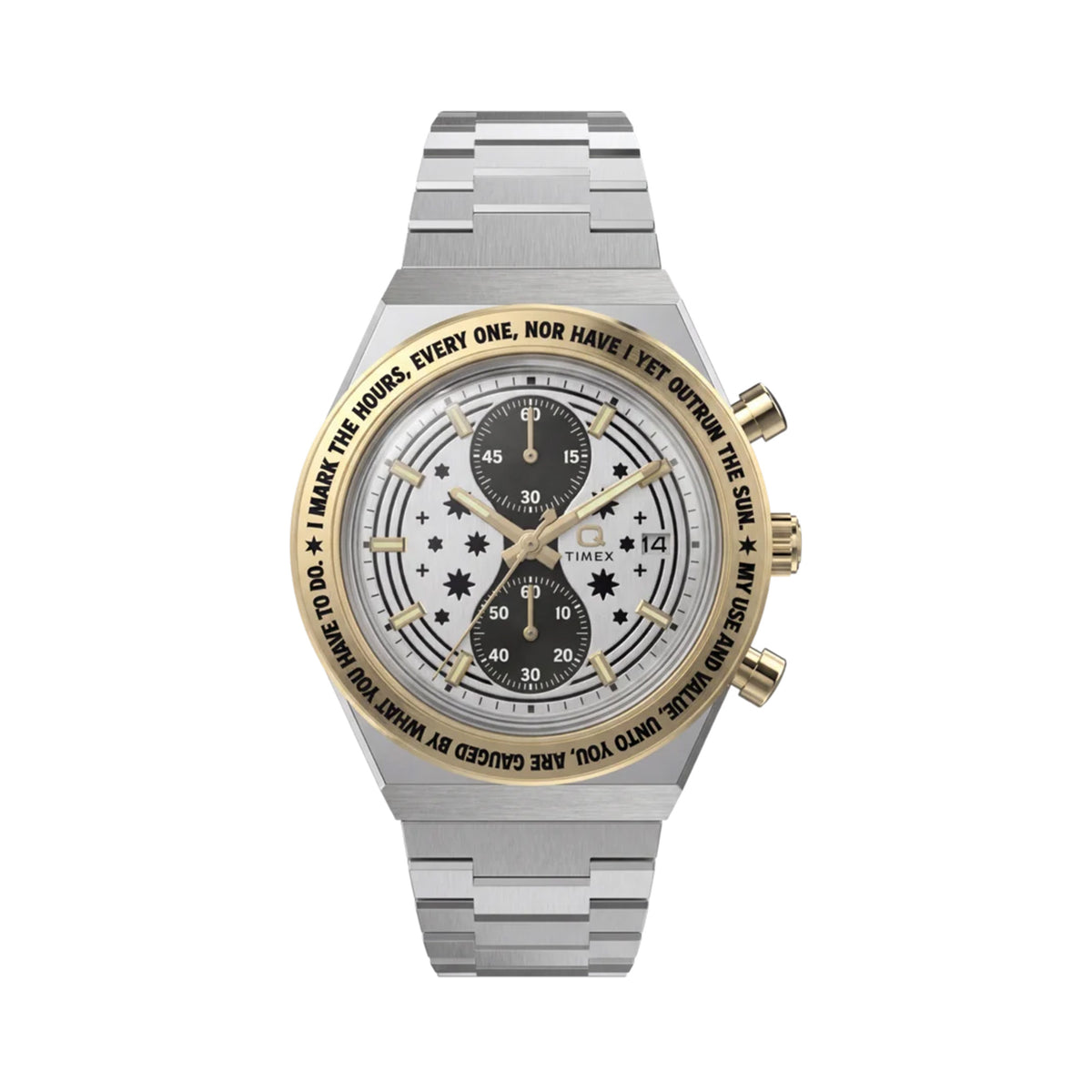 The Timex x Harry Potter Time Turner Quartz Chronograph 40mm Watch TW2Y75900 has a silver-tone dial with star-shaped cutouts and two black sub-dials stacked to look like the Time-Turner’s hourglass. A stationary gold-tone bezel engraved with the Time-Turner inscription frames the dial.