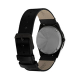 The Timex x Harry Potter Time Turner Quartz 36mm Watch TW2Y76000 has a black natural leather strap with quick-release spring bars for easy strap changes. The strap matches the black bezel.