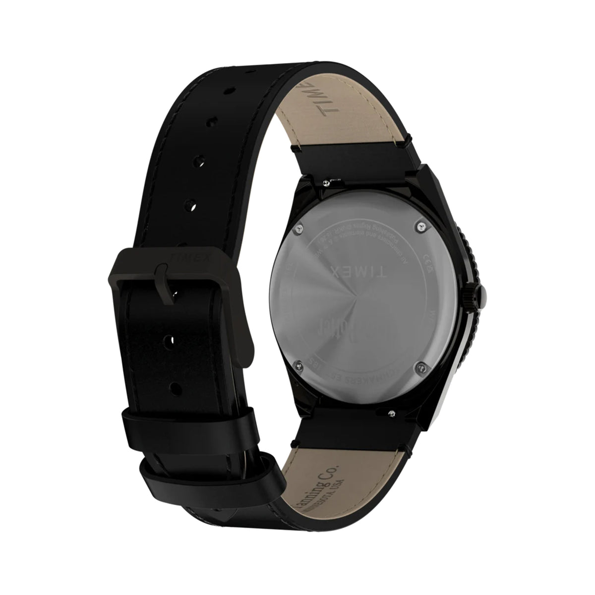The Timex x Harry Potter Time Turner Quartz 36mm Watch TW2Y76000 has a black natural leather strap with quick-release spring bars for easy strap changes. The strap matches the black bezel.