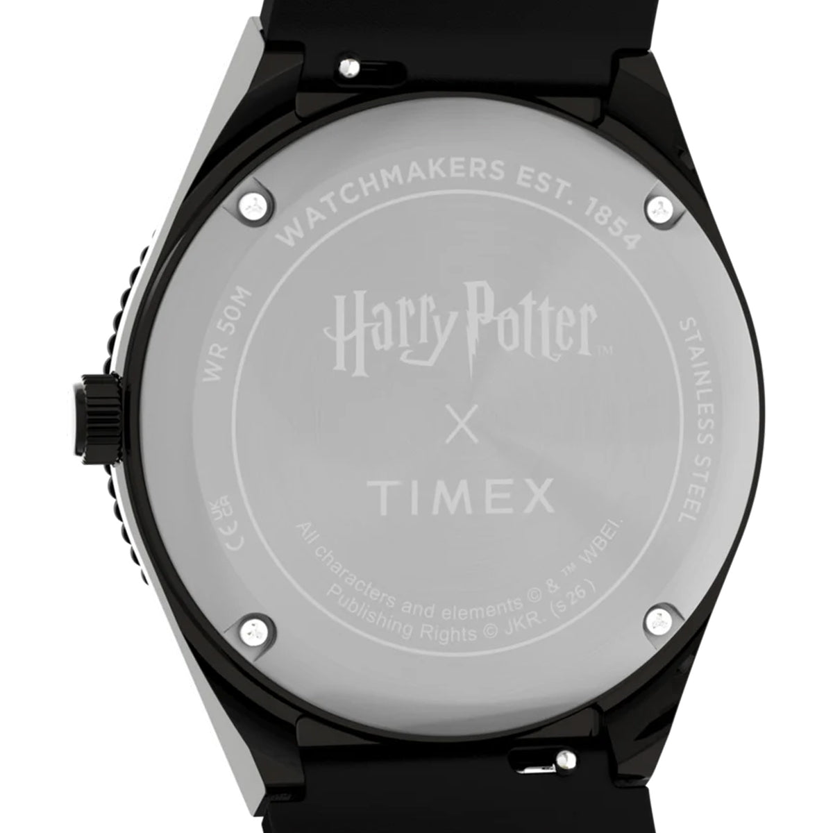 The Timex x Harry Potter Time Turner Quartz 36mm Watch TW2Y76000 has a case back engraved with the Harry Potter logo. A battery-powered quartz analog movement sits inside the case.