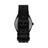 The Timex x Harry Potter Time Turner Quartz 36mm Watch TW2Y76000 has a black natural leather strap with quick-release spring bars for easy strap changes. The strap matches the black bezel.