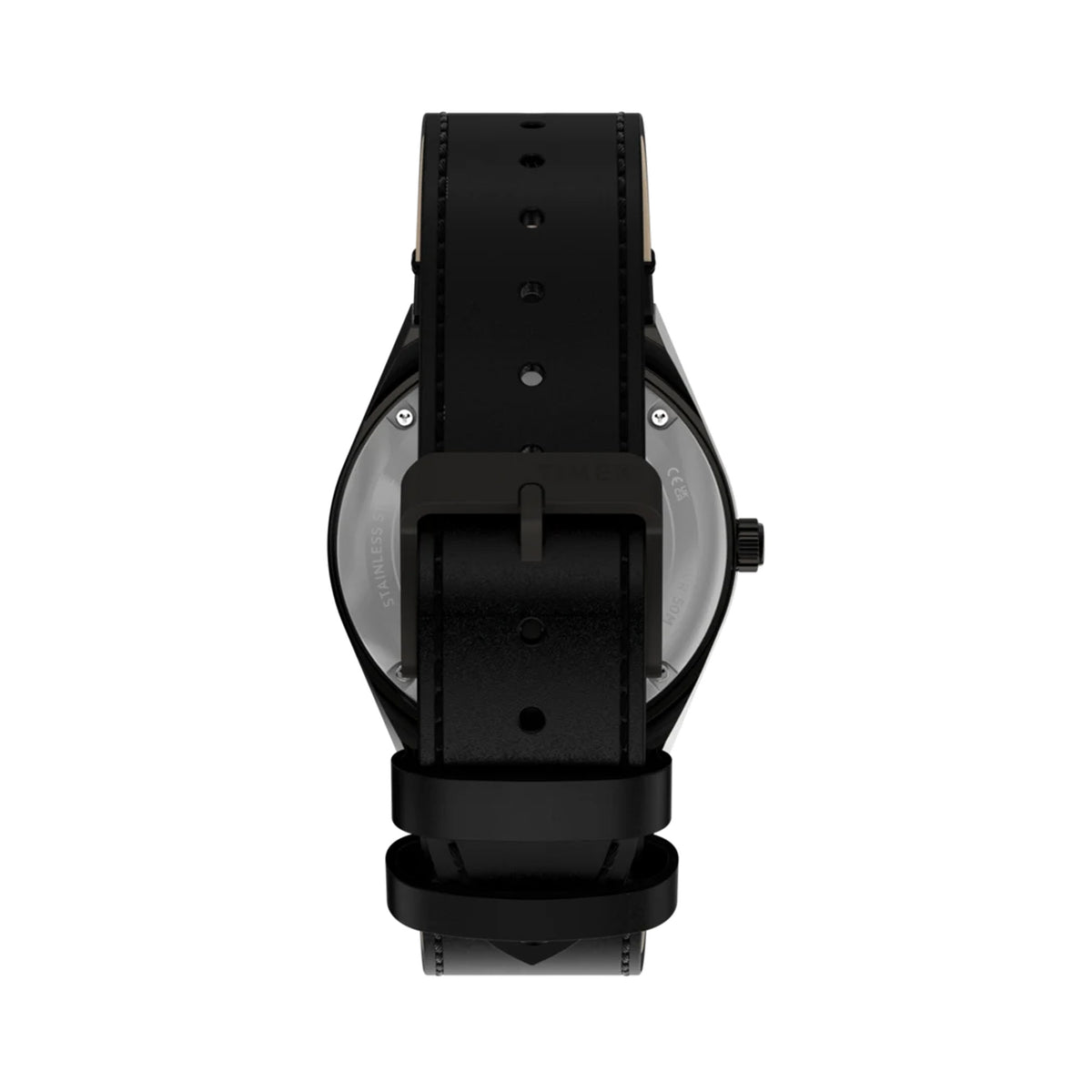 The Timex x Harry Potter Time Turner Quartz 36mm Watch TW2Y76000 has a black natural leather strap with quick-release spring bars for easy strap changes. The strap matches the black bezel.