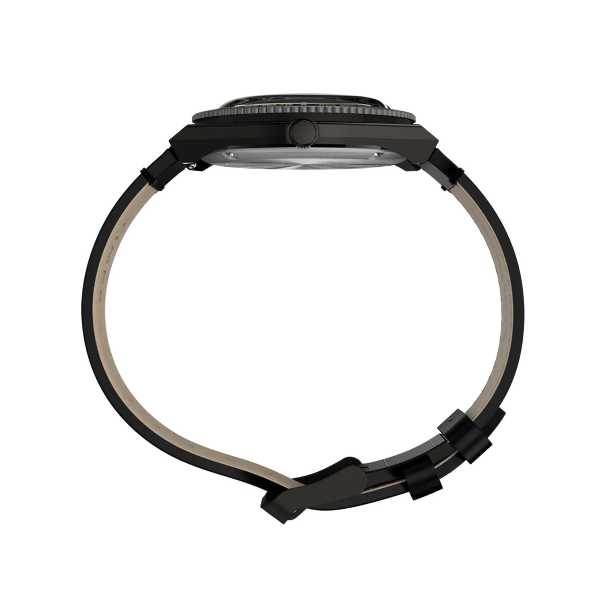 The Timex x Harry Potter Time Turner Quartz 36mm Watch TW2Y76000 shows its round stainless steel case and black bidirectional bezel from the side. A vintage-style domed acrylic crystal covers the dial.