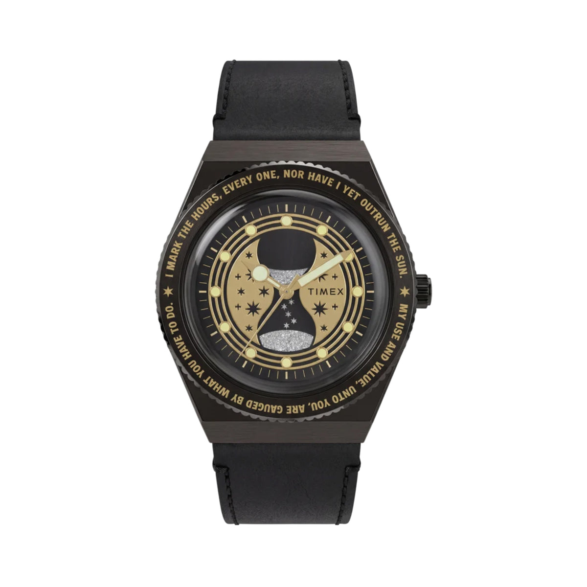 The Timex x Harry Potter Time Turner Quartz 36mm Watch TW2Y76000 has a black and gold-tone dial with star-shaped cutouts and a glittering miniature hourglass at the centre. A black bidirectional bezel printed with the Time-Turner inscription frames the dial.