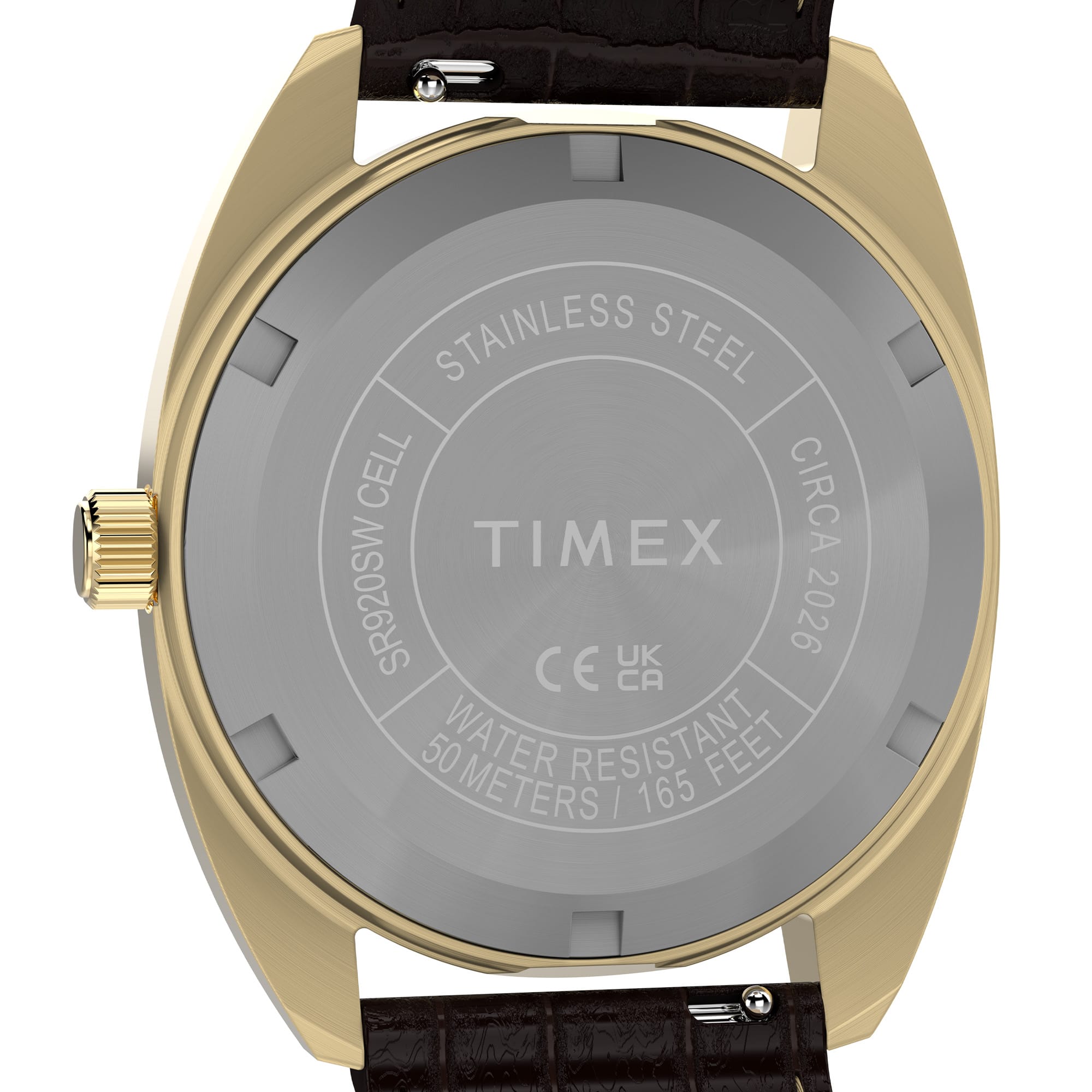 The Timex 1976 Rotary Phone Dial Reissue Quartz 37mm Watch TW2Y82100 features a snap-on stainless steel case back