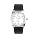 The Timex Marlin Chatham Automatic 36mm Watch TW2Y84300 has a white dial with silver-tone Breguet-style Arabic numerals and matching hands. A polished silver-tone cushion case frames the dial.