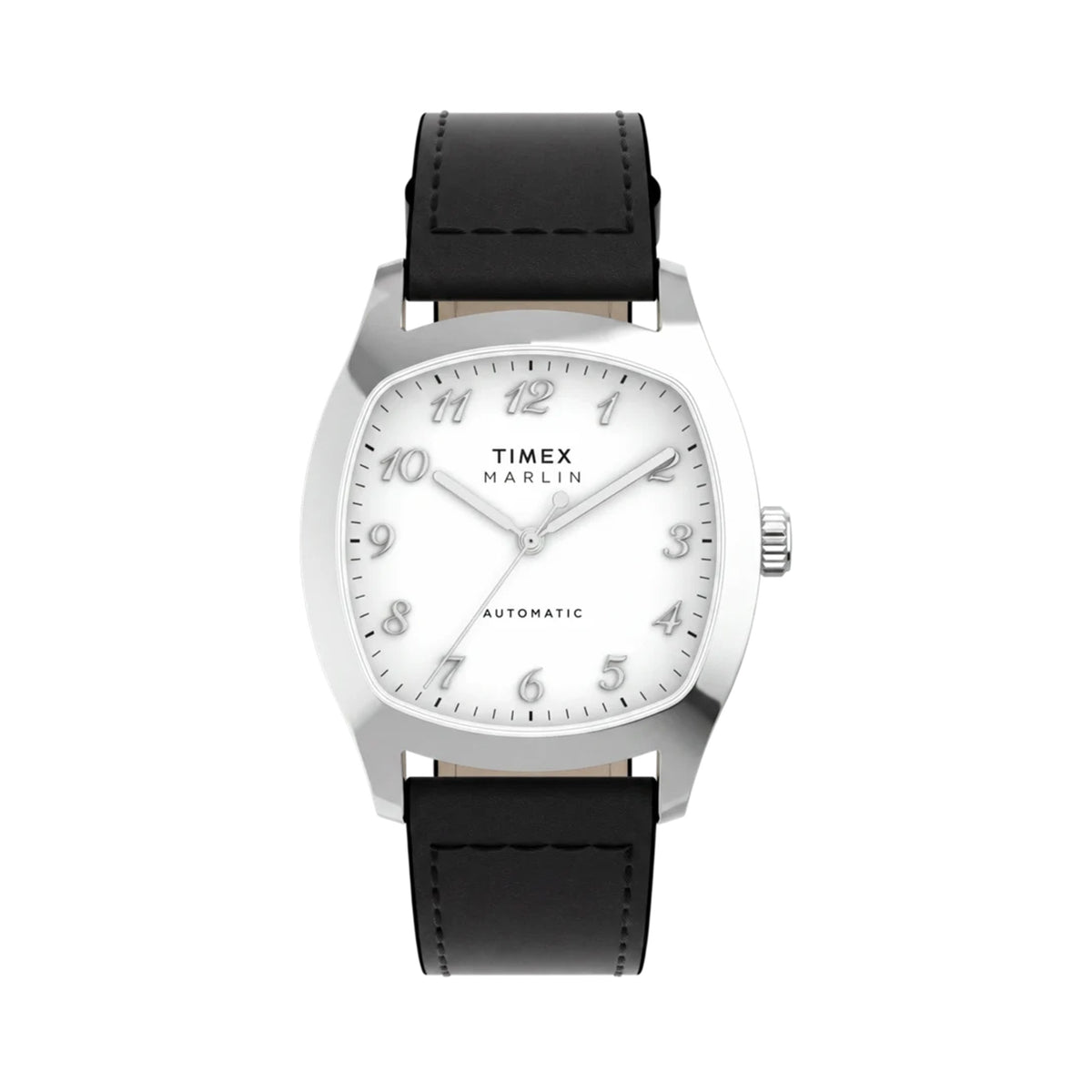 The Timex Marlin Chatham Automatic 36mm Watch TW2Y84300 has a white dial with silver-tone Breguet-style Arabic numerals and matching hands. A polished silver-tone cushion case frames the dial.