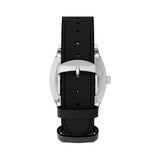 The Timex Marlin Chatham Automatic 36mm Watch TW2Y84300 has a black leather strap sourced through the Leather Working Group. It closes with a silver-tone pin buckle and has quick-release spring bars for easy strap changes.