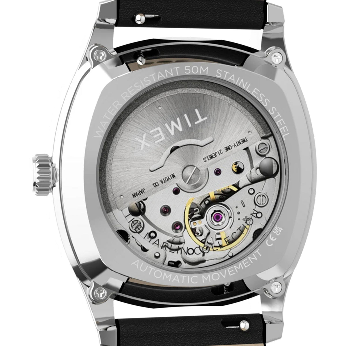The Timex Marlin Chatham Automatic 36mm Watch TW2Y84300 has an exhibition case back that shows its Miyota automatic movement. The movement needs no battery.