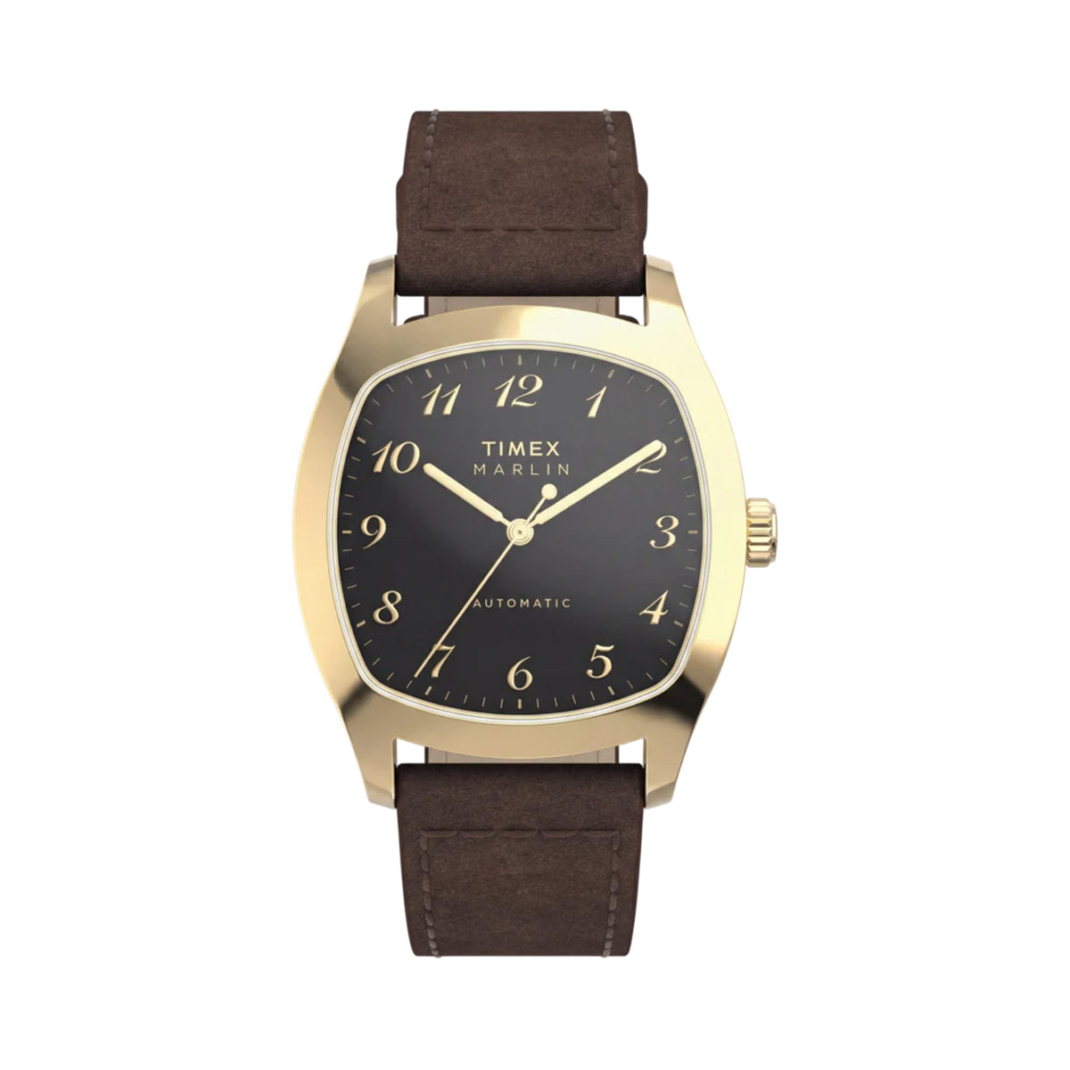 The Timex Marlin Chatham Automatic 36mm Watch TW2Y84500 has a black dial with applied gold-tone Breguet-style Arabic numerals and gold-tone hands. A polished gold-tone cushion case frames the dial.