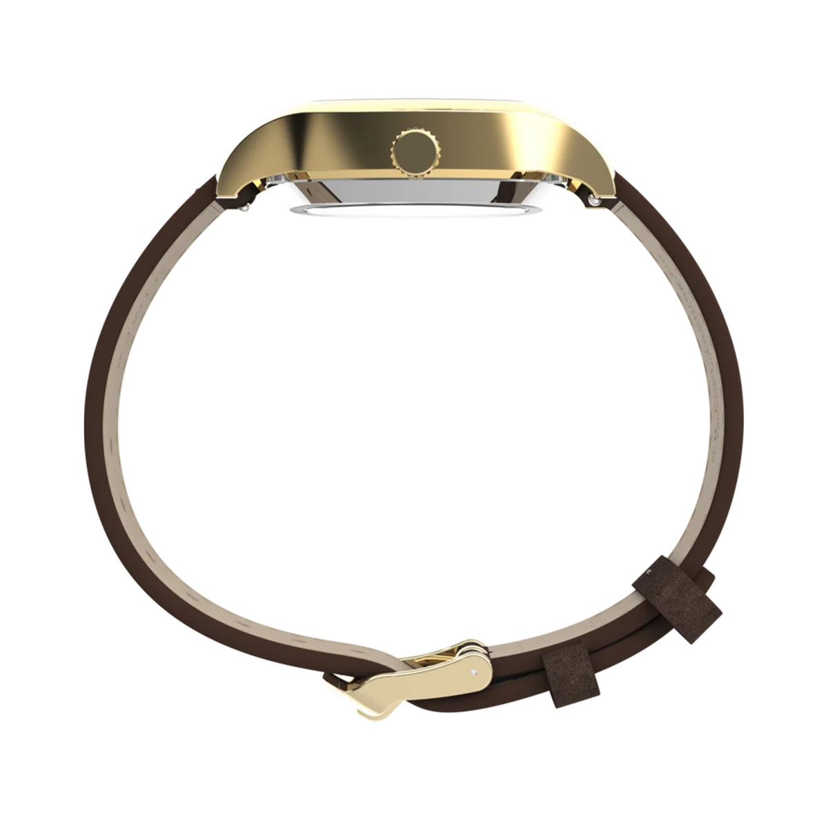 The Timex Marlin Chatham Automatic 36mm Watch TW2Y84500 shows its polished gold-tone stainless steel cushion case and crown from the side. The slim 12mm profile suits dressier outfits.