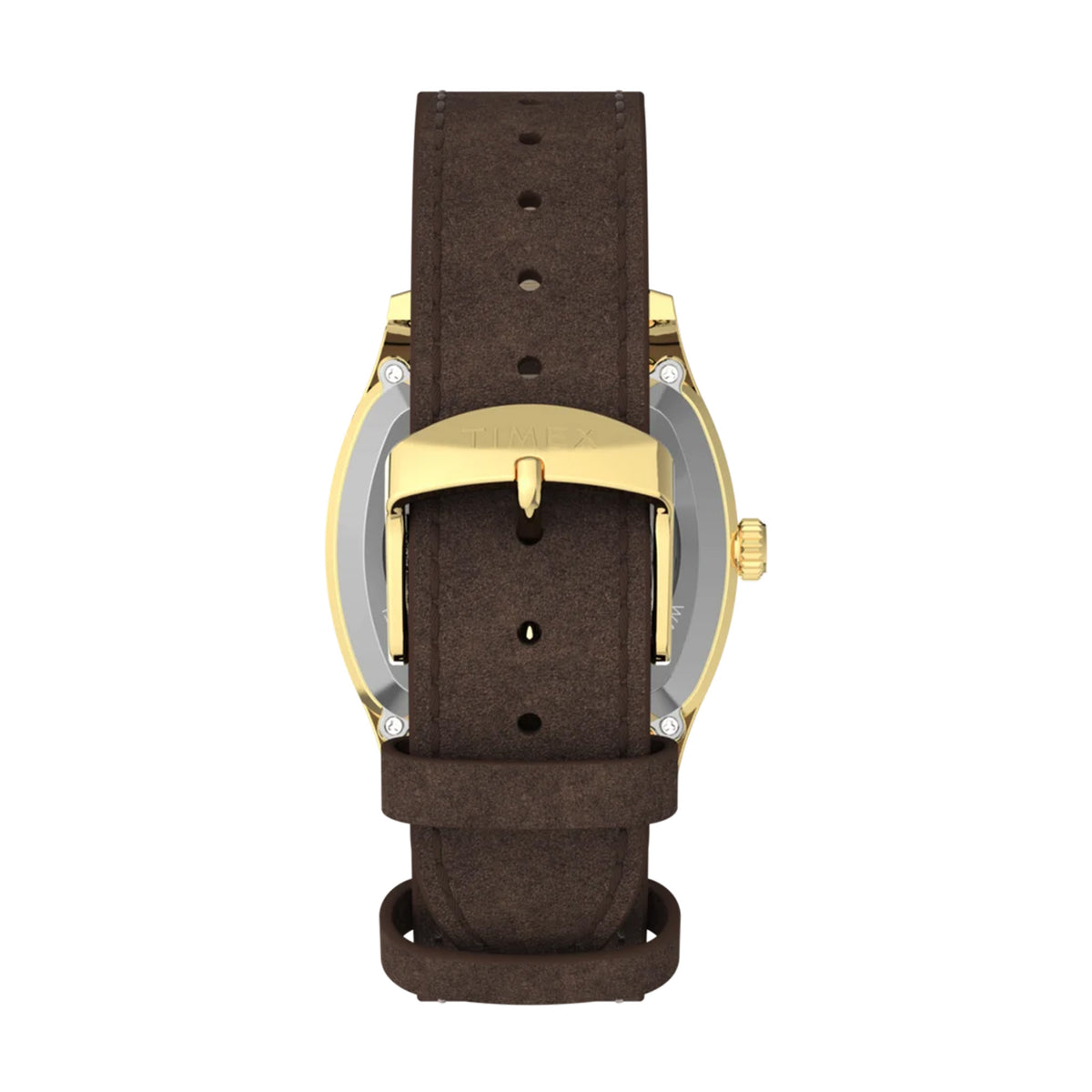 The Timex Marlin Chatham Automatic 36mm Watch TW2Y84500 has a brown leather strap sourced through the Leather Working Group. It closes with a gold-tone pin buckle and has quick-release spring bars for easy strap changes.