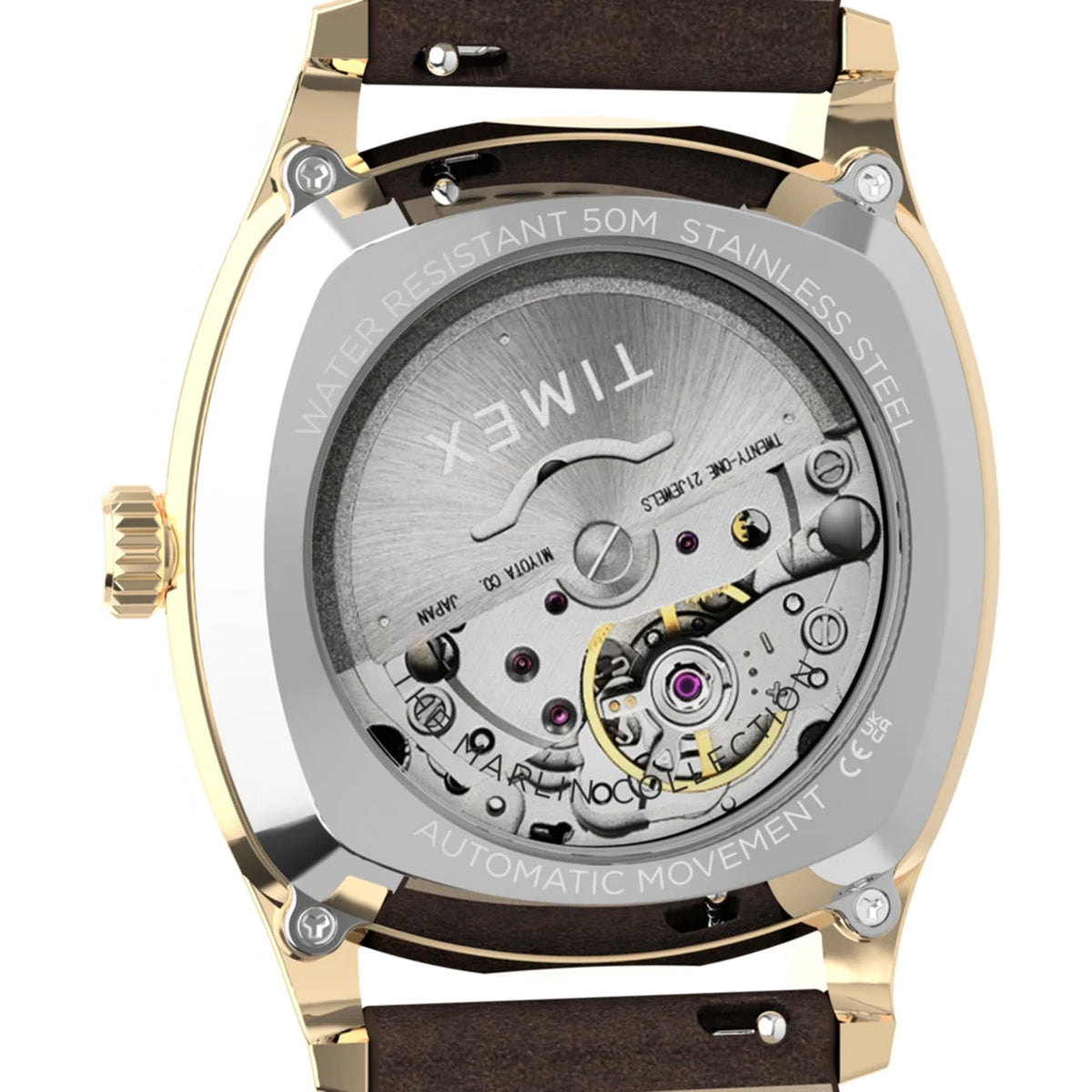 The Timex Marlin Chatham Automatic 36mm Watch TW2Y84500 has a gold-tone stainless steel exhibition case back that shows its Miyota automatic movement. The movement needs no battery.