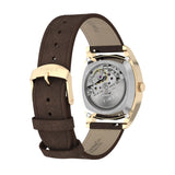 The Timex Marlin Chatham Automatic 36mm Watch TW2Y84500 has a brown leather strap sourced through the Leather Working Group. It closes with a gold-tone pin buckle and has quick-release spring bars for easy strap changes.