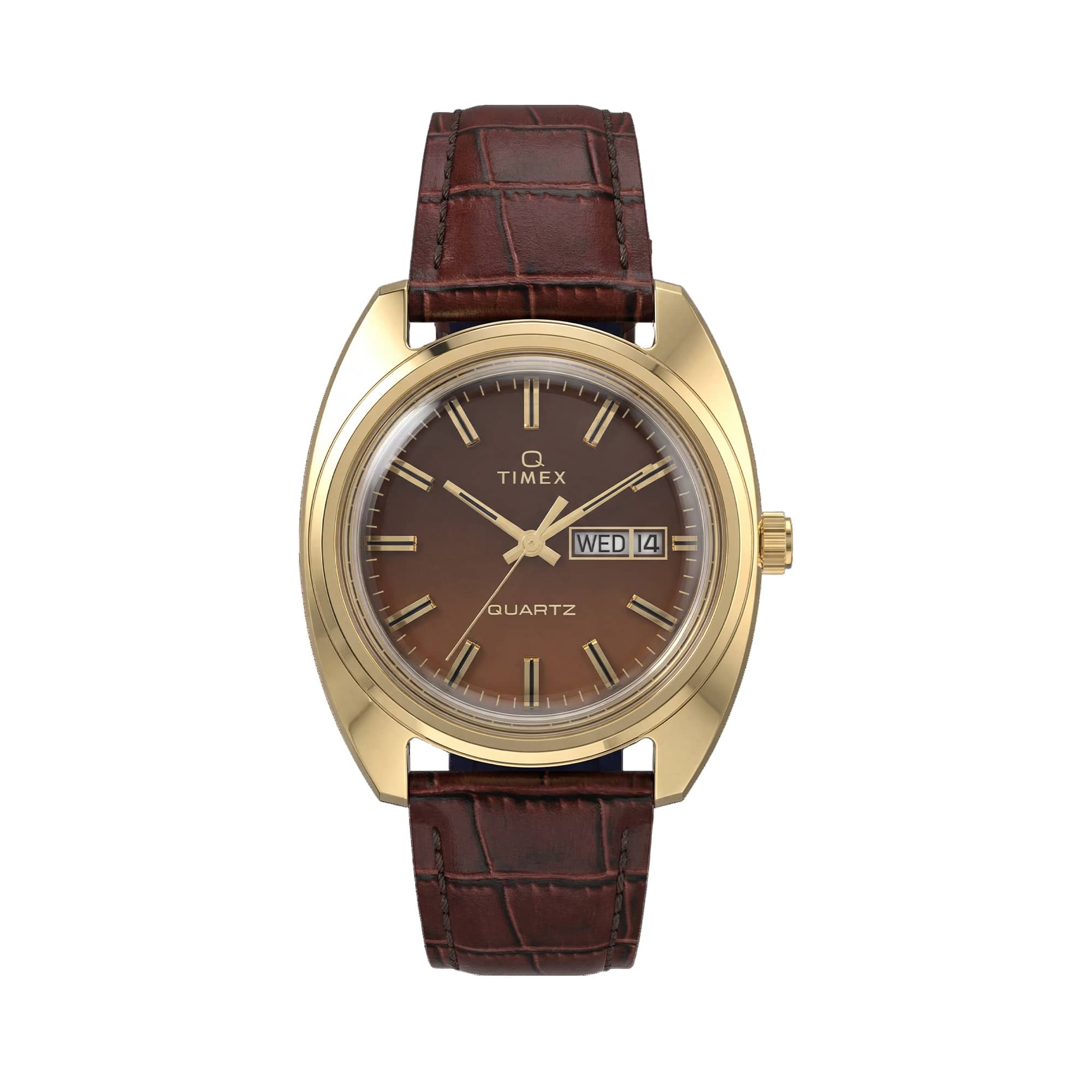 The Timex Q Timex Dress 37mm Watch TW2Y87200 features a brown dial in a round case, finished in a rich Gold PVD plating for a warm, polished shine.