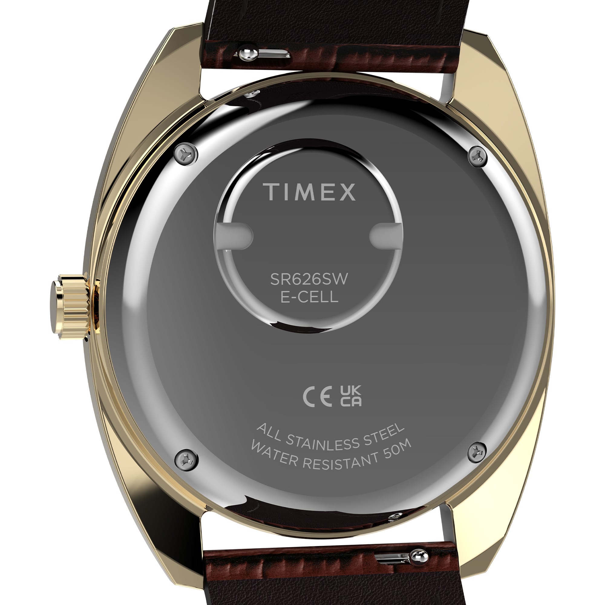 Close-up of the back of a Timex wristwatch with a gold-tone case, dark gray crystal, and brown leather strap visible at the top and bottom.