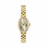 The Timex Cavatina Dress Watch TW2Y90100 features a champagne dial in an oval case, framed by a sparkling crystal-embellished bezel. The Gold PVD finish gives the case a warm, polished shine.