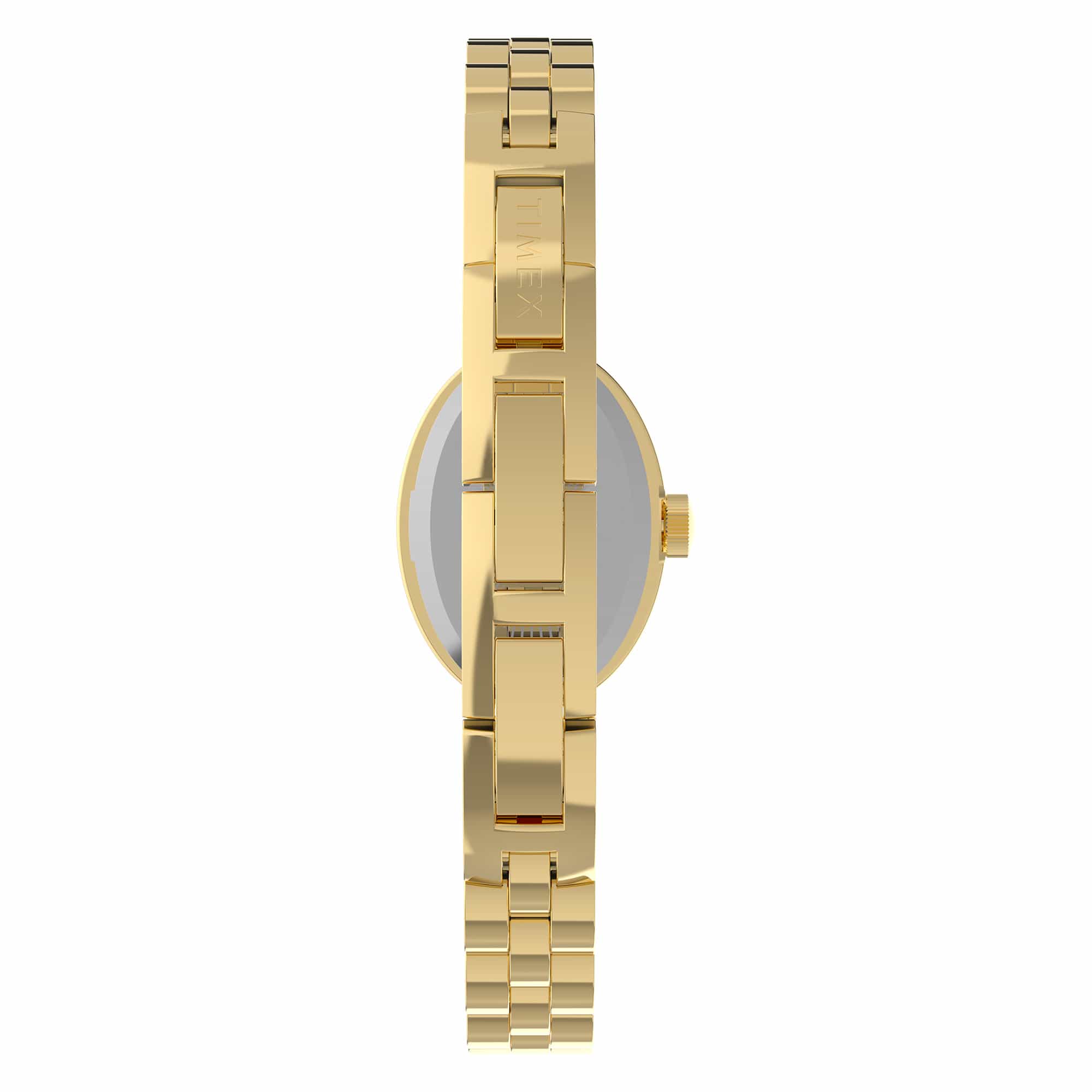 The Timex Cavatina Dress Watch TW2Y90100 features a Gold PVD bracelet with a fold-over clasp for a secure, comfortable fit. The polished links complement the case's warm gold tone.