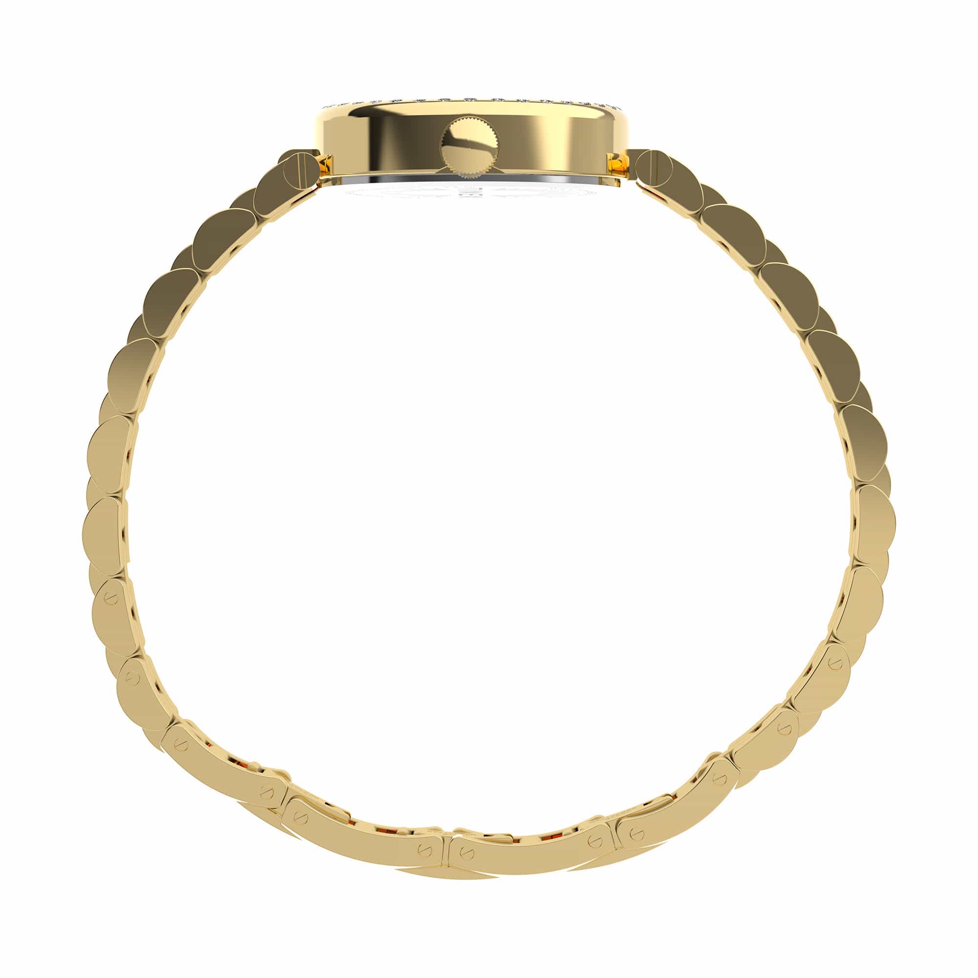 The Timex Cavatina Dress Watch TW2Y90100 shows off its oval case shape and crystal-embellished bezel from the side. The Gold PVD finish catches the light across the case's curved profile.