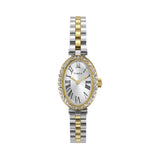 The Timex Cavatina Quartz 19mm Women’s Watch TW2Y90200 has a silver-tone dial with black Roman numerals and gold-tone hands. A crystal-lined gold-tone bezel frames the oval case.