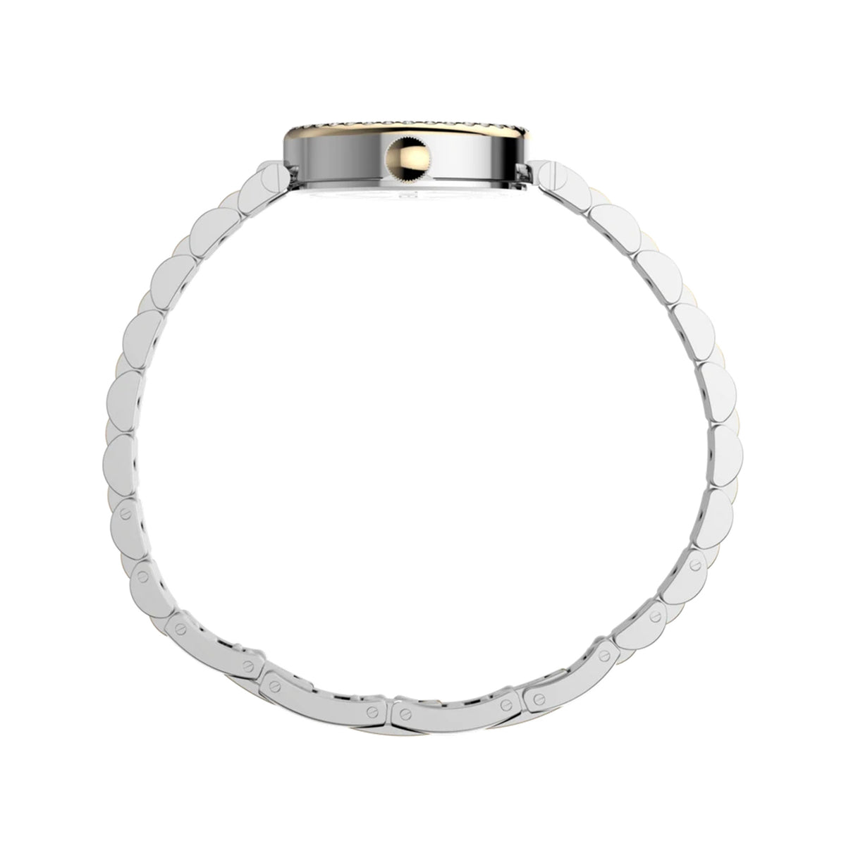 The Timex Cavatina Quartz 19mm Women’s Watch TW2Y90200 shows its slim 8mm oval case and domed mineral crystal from the side. The crystal-lined bezel catches the light around the dial.