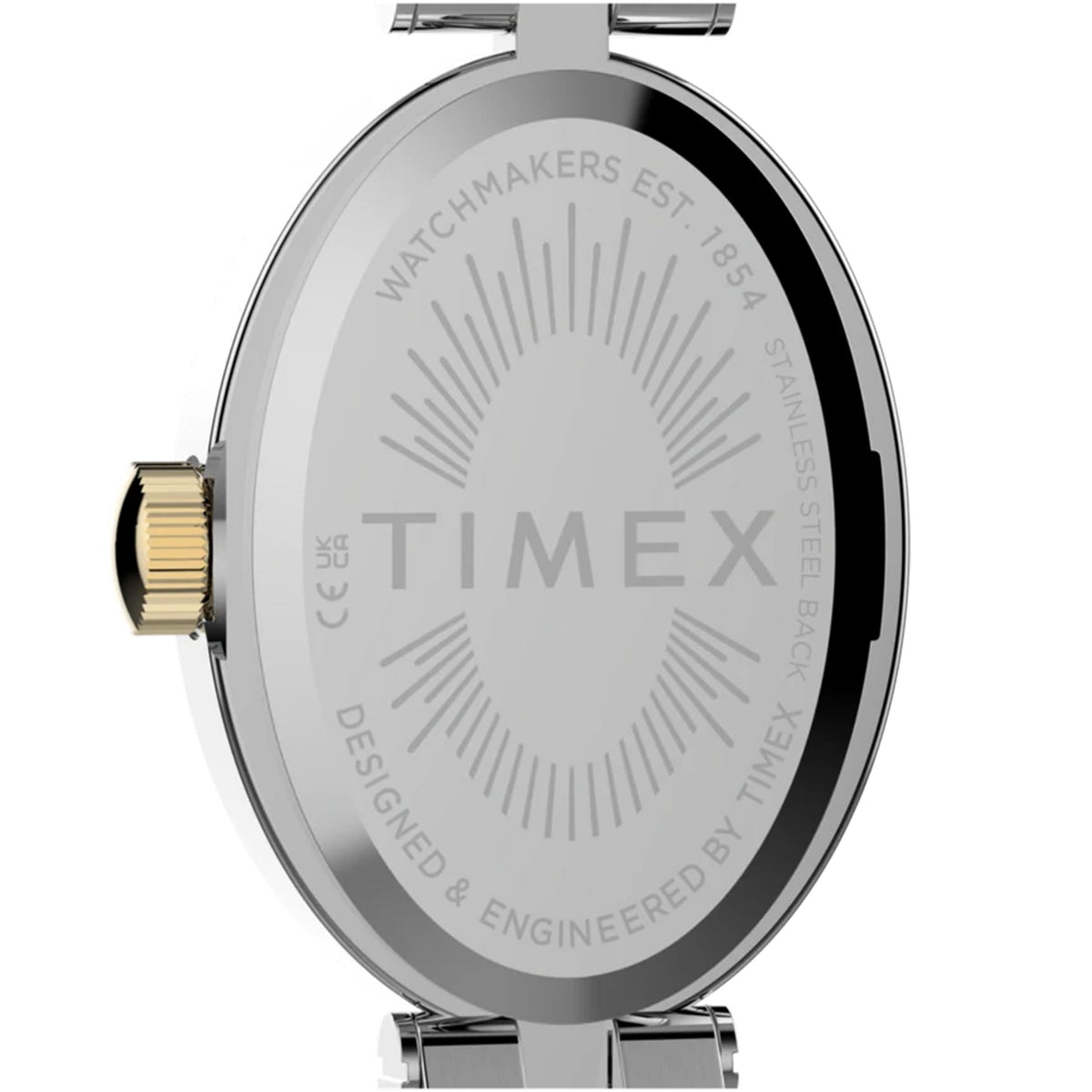The Timex Cavatina Quartz 19mm Women’s Watch TW2Y90200 has a case back that houses a battery-powered quartz analog movement. The gold-tone oval case keeps the design slim and light.