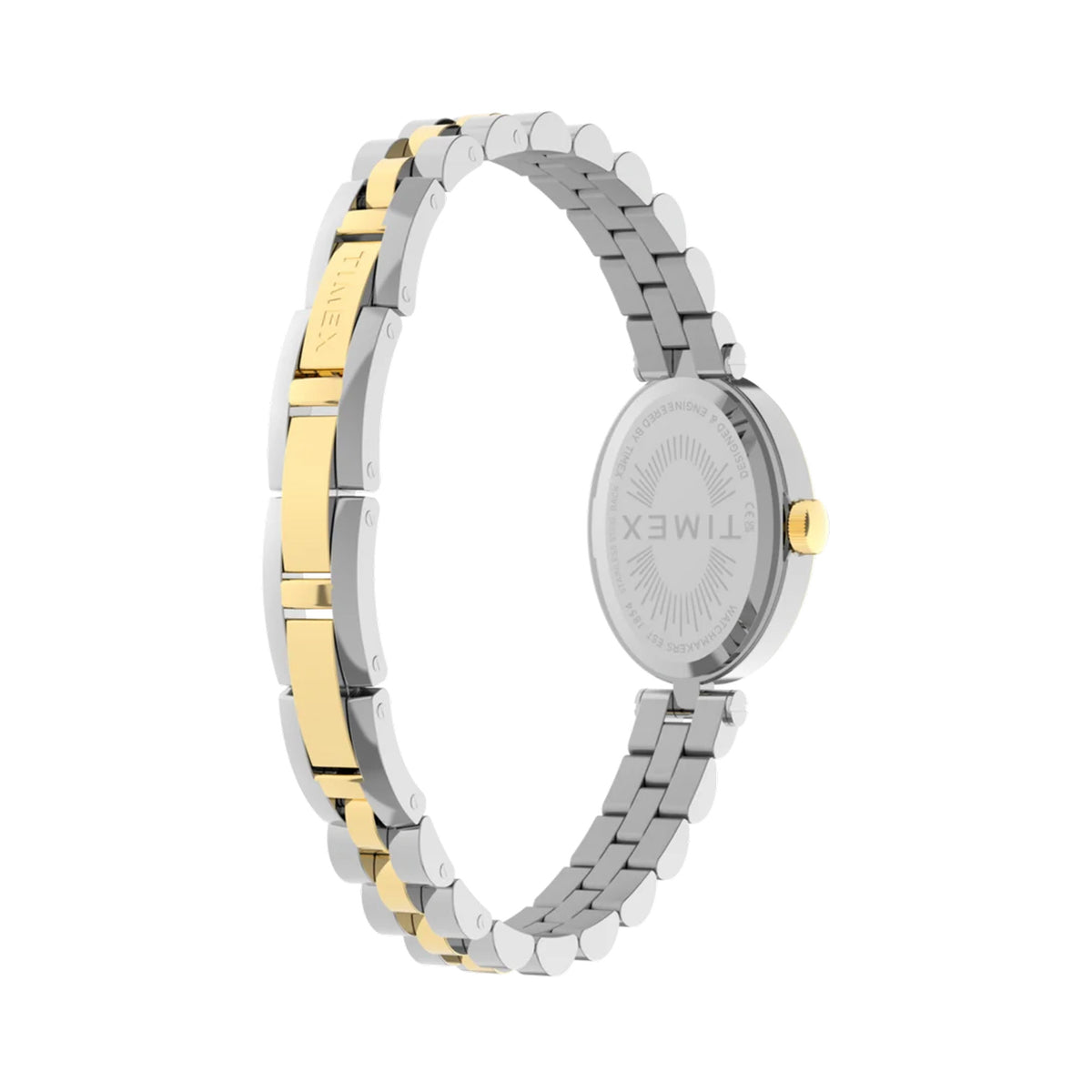 The Timex Cavatina Quartz 19mm Women’s Watch TW2Y90200 has a two-tone stainless steel bracelet with removable links, so the fit can be adjusted in seconds. The silver and gold-tone links echo the case.