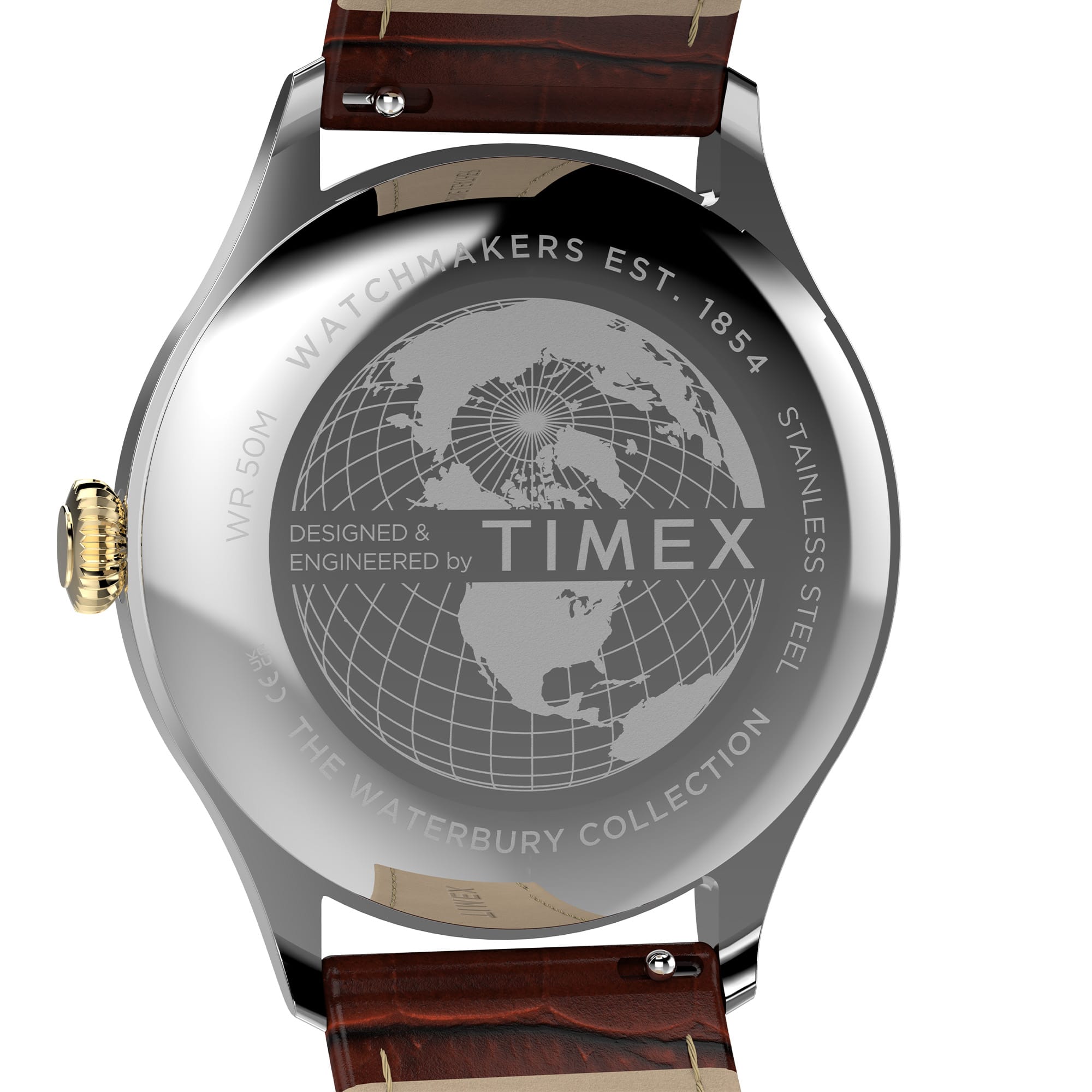 Close-up back view of a Timex wristwatch with a polished stainless steel case and a brown leather strap. The case is engraved with a globe design and text including 'TIMEX', 'WR 500H', 'STAINLESS STEEL', and 'THE WATERBURY COLLECTION'.