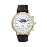 The Timex 1990 Reissue Moon Phase Quartz 37mm Watch TW2Y99000 features a white dial with a blue moon phase display and gold stars at 12 o'clock. Bold Arabic numerals and a rotating day-of-week ring complete the calendar-focused layout.