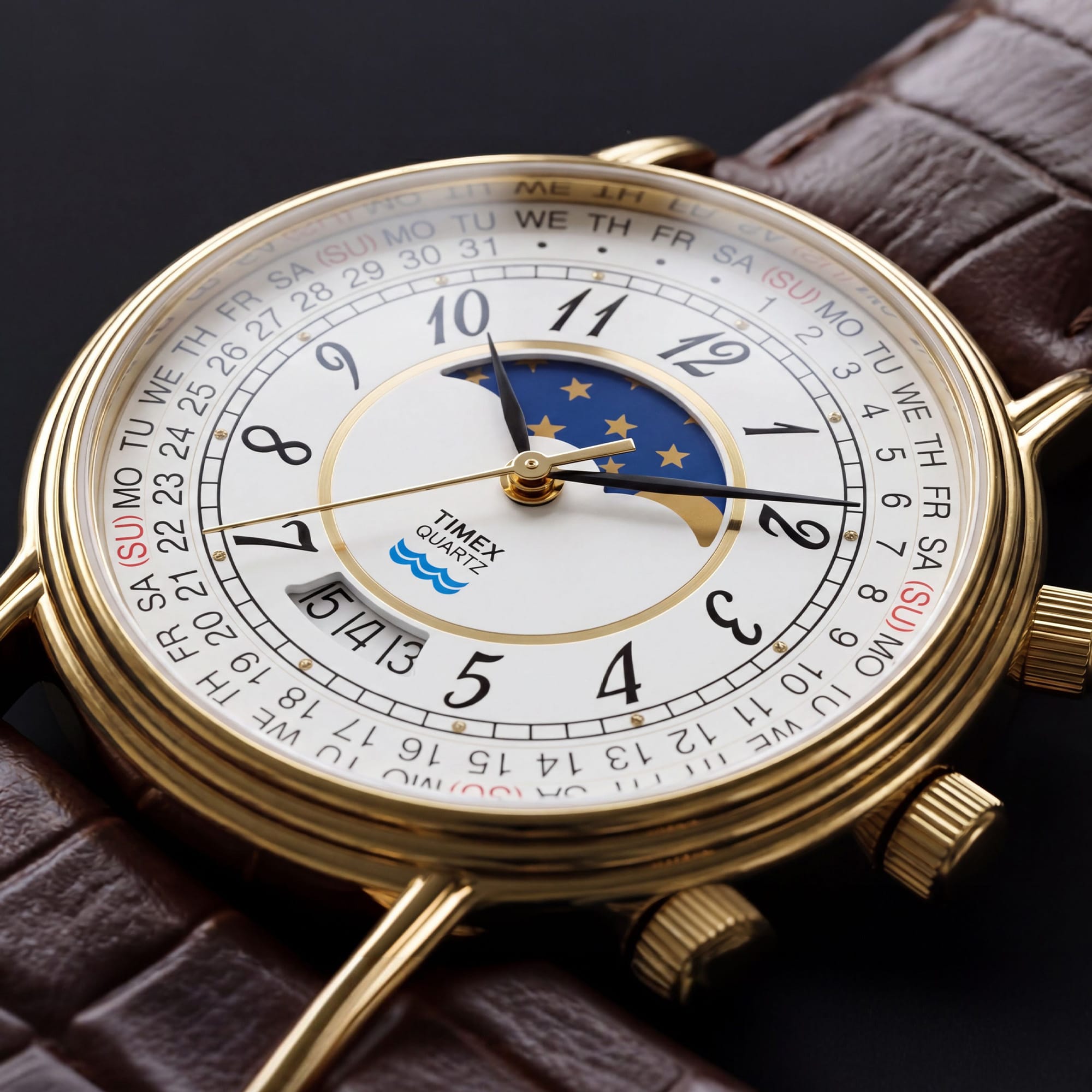 The Timex 1990 Reissue Moon Phase Quartz 37mm Watch TW2Y99000 suits collectors and calendar-watch enthusiasts alike, worn day-to-day. The moon phase display and gold-tone case bring genuine vintage character to any outfit.