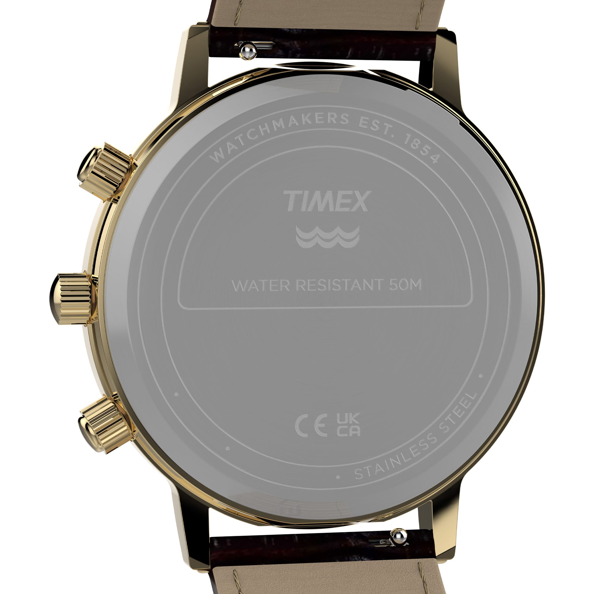 Close-up of the back of a Timex watch with a gold-tone case, dark brown leather strap, and a translucent gray protective cover over the case.