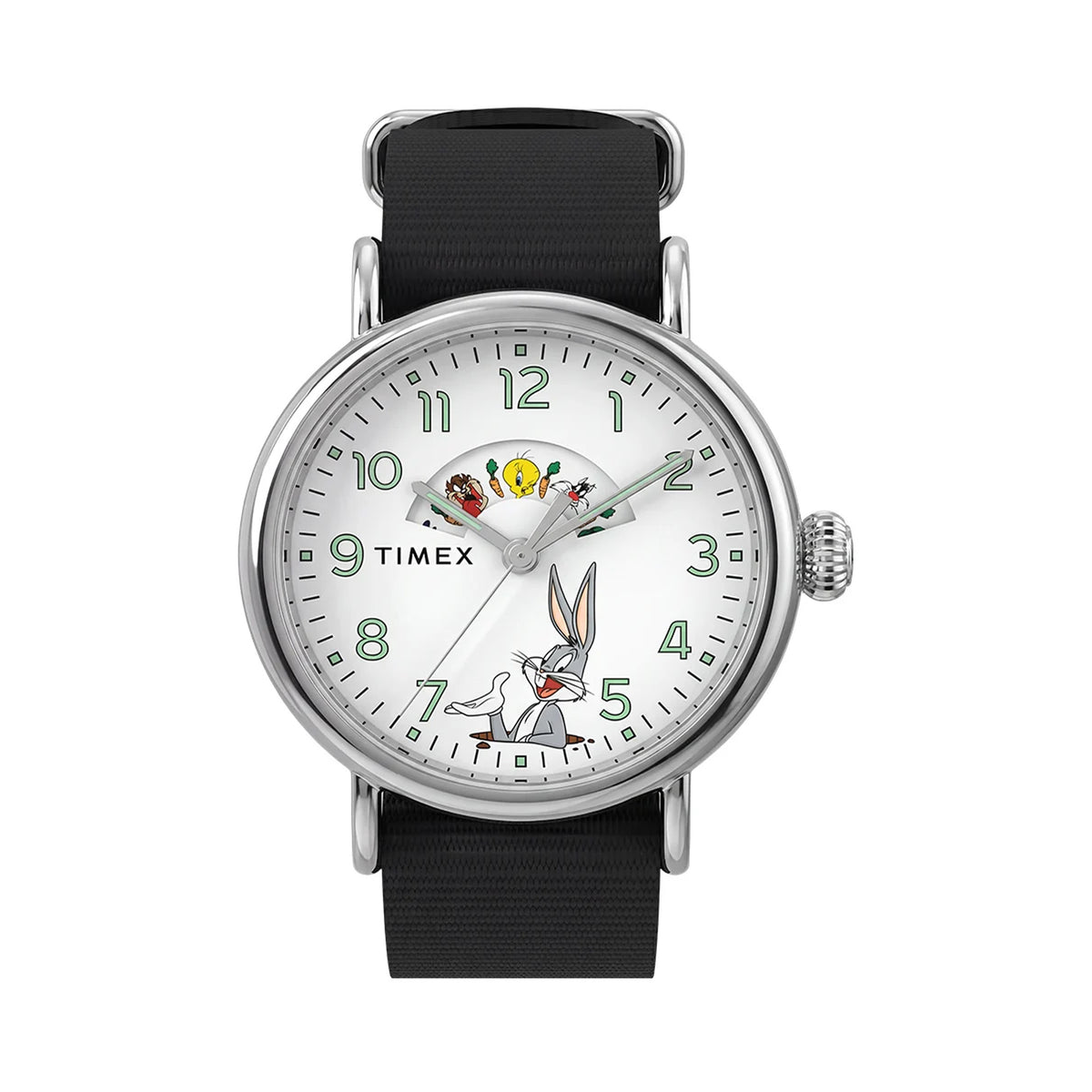 The Timex x Looney Tunes Weekender Quartz 40mm Watch TW2Y99100 has a white dial featuring Looney Tunes characters. The round silver-tone case frames the playful, nostalgic design.
