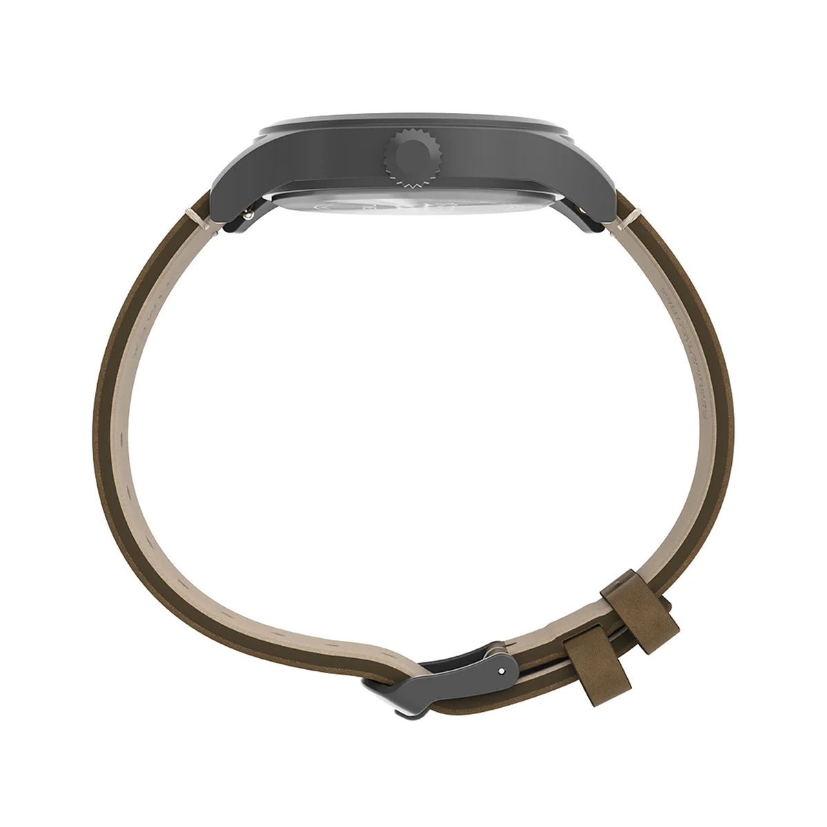 The Timex x Looney Tunes Expedition Quartz 40mm Watch TW2Y99400 shows its round gunmetal-tone case from the side. The slim 10mm profile keeps the watch easy to wear.