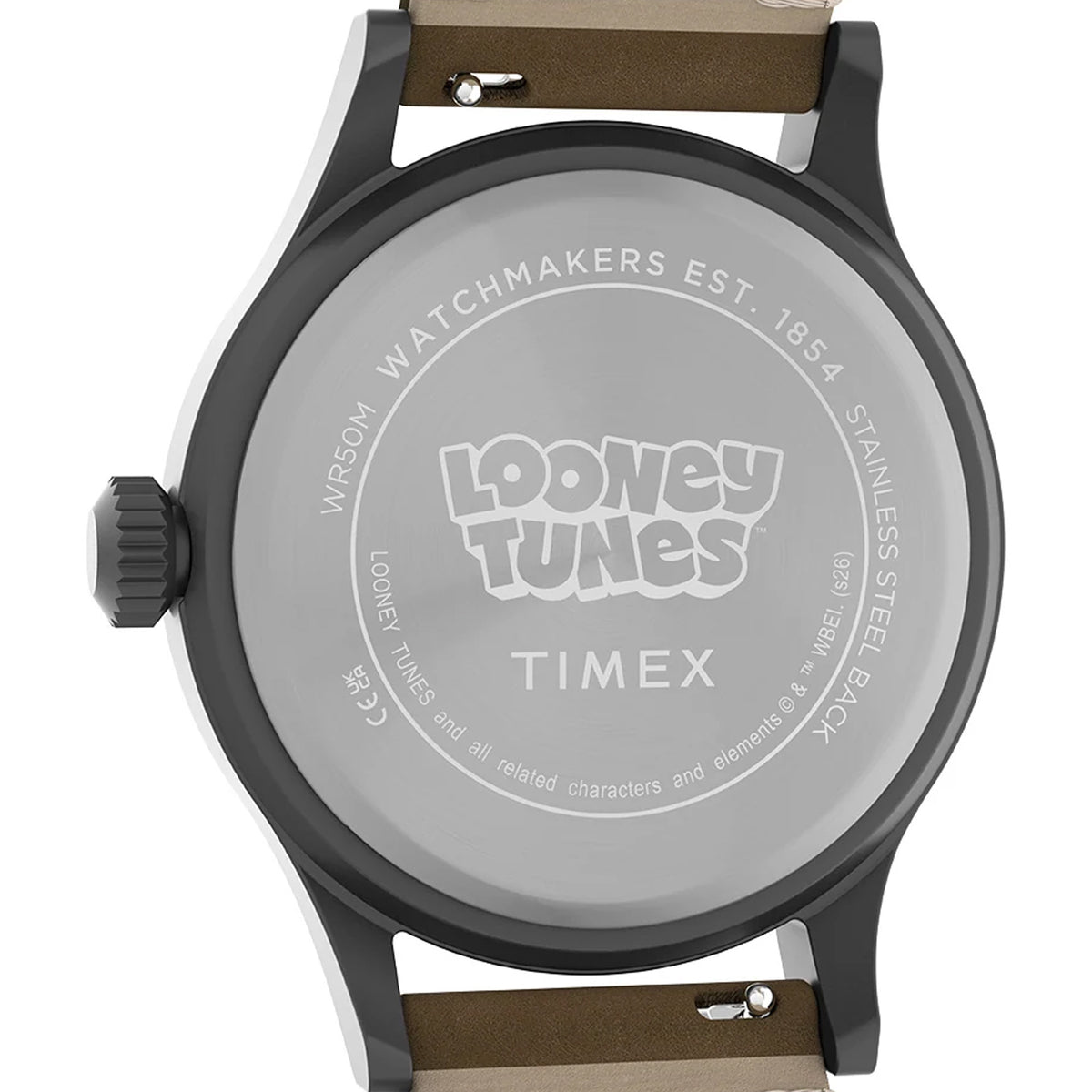 The Timex x Looney Tunes Expedition Quartz 40mm Watch TW2Y99400 has a case back that houses its battery-powered quartz movement. The movement includes Timex’s INDIGLO backlight.