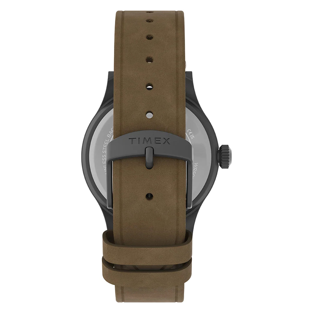 The Timex x Looney Tunes Expedition Quartz 40mm Watch TW2Y99400 has a comfortable brown leather strap. The strap matches the warm brown dial.