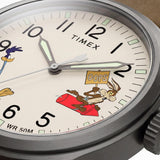 The Timex x Looney Tunes Expedition Quartz 40mm Watch TW2Y99400 shows its round gunmetal-tone case from the side. The slim 10mm profile keeps the watch easy to wear.