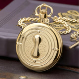 The Timex x Harry Potter Time Turner 48.5mm Pocket Watch TW2Y99600 has a case back engraved with the Harry Potter and Timex logos. A battery-powered quartz analog movement sits inside the case.