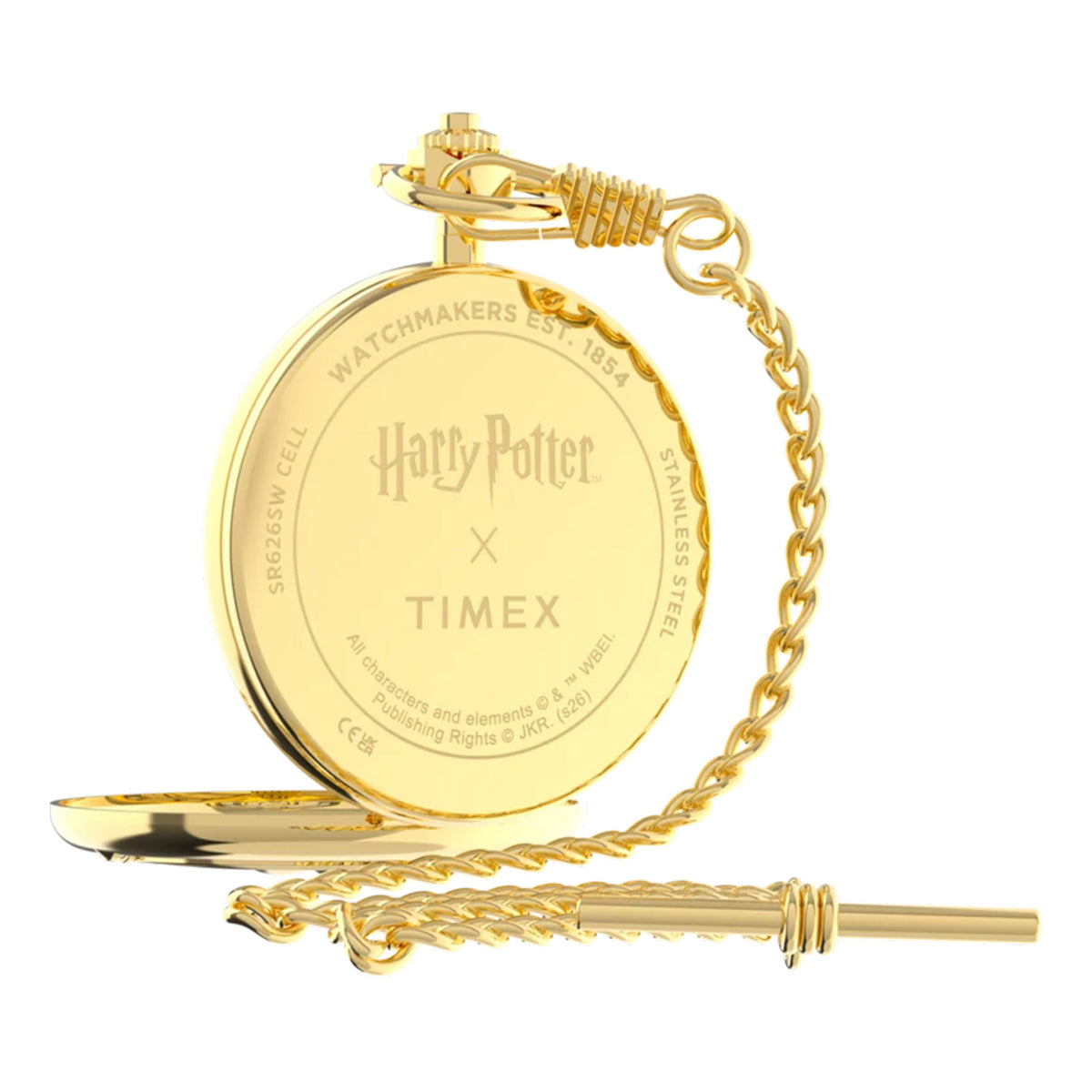 The Timex x Harry Potter Time Turner 48.5mm Pocket Watch TW2Y99600 has a case back engraved with the Harry Potter and Timex logos. A battery-powered quartz analog movement sits inside the case.