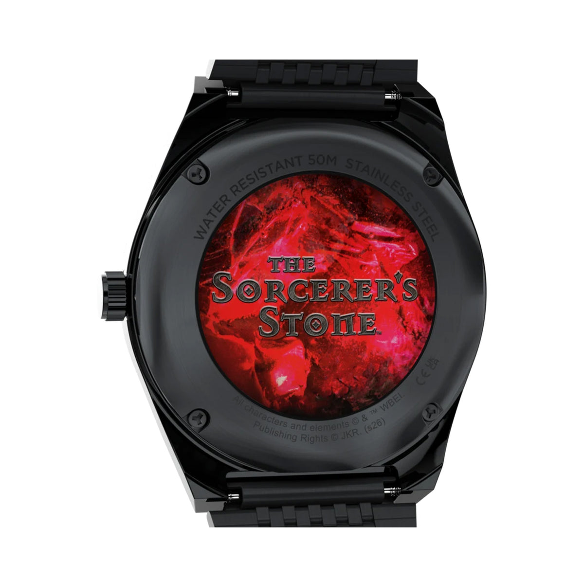 The Timex x Harry Potter Sorcerer’s Stone 38mm Quartz Watch TW2Y99700 has an exhibition window on the case back that displays the name The Sorcerer’s Stone. A battery-powered quartz analog movement sits inside the case.