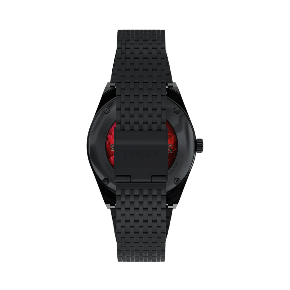 The Timex x Harry Potter Sorcerer’s Stone 38mm Quartz Watch TW2Y99700 has a brushed black IP-coated stainless steel bracelet that can be adjusted for a custom fit. It matches the black case.