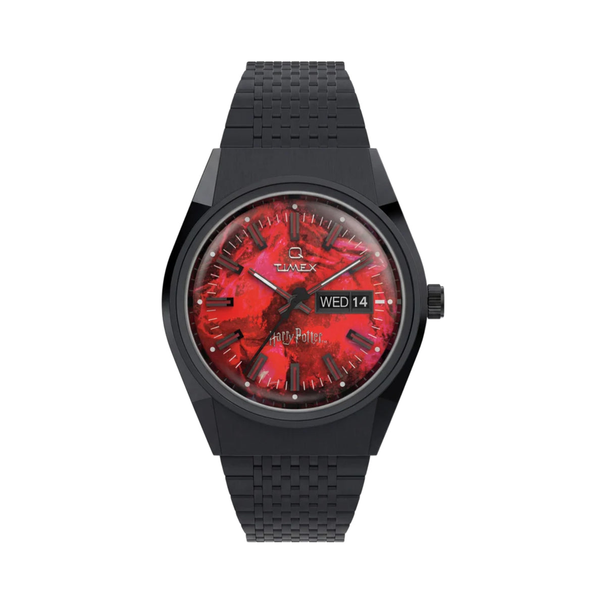 The Timex x Harry Potter Sorcerer’s Stone 38mm Quartz Watch TW2Y99700 has a fiery red dial inspired by the Sorcerer’s Stone and a red wand-shaped second hand. A day and date window sits at 3 o’clock inside the black IP-coated case.