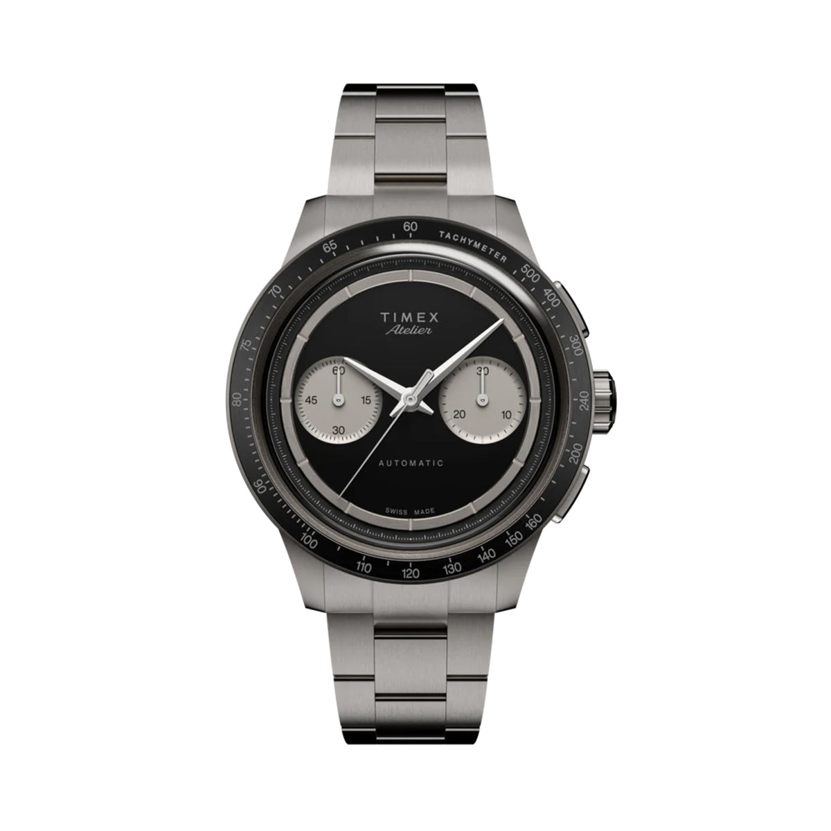 The Timex Atelier Chronograph Automatic M1a Ti Men's 42mm Watch TW6A02700 features a matte black dial with twin silver-tone sub-dials and a tachymeter scale on the bezel.