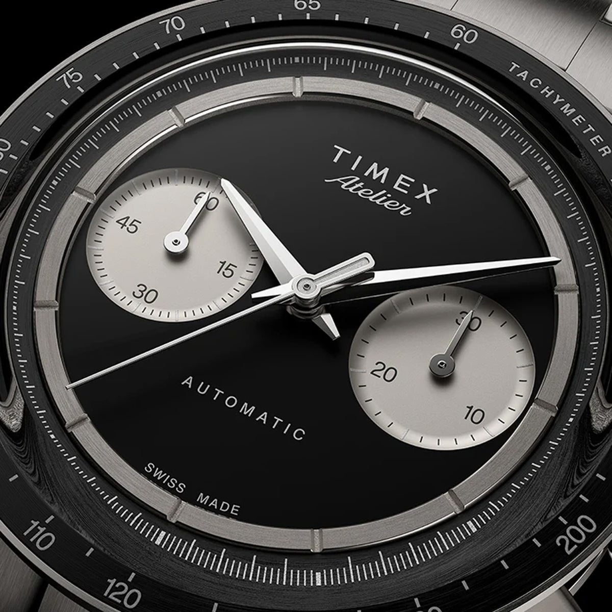 The Timex Atelier Chronograph Automatic M1a Ti Men's 42mm Watch TW6A02700 pairs its lightweight skeletonized titanium case with a matching titanium bracelet for a remarkably light, refined feel.
