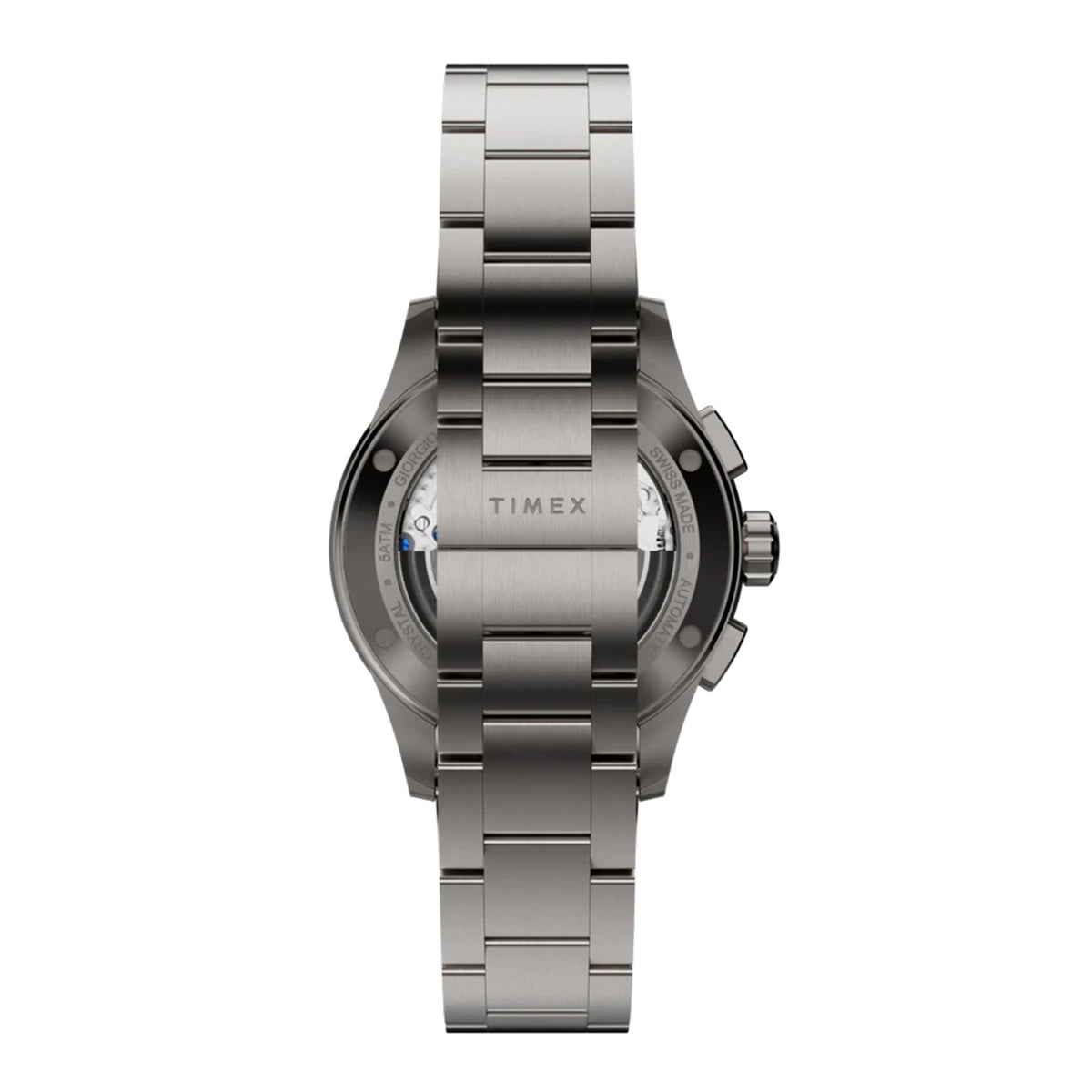 The Timex Atelier Chronograph Automatic M1a Ti Men's 42mm Watch TW6A02700 features an exhibition case back revealing the Swiss automatic movement, alongside a titanium bracelet with a custom butterfly deployant clasp.