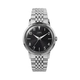 The Timex Marlin Quartz 34mm Watch TW6A04200 features a black sunray dial with polished metallic markers and luminant hands. The domed acrylic crystal adds a vintage-inspired silhouette to the silver-tone case.